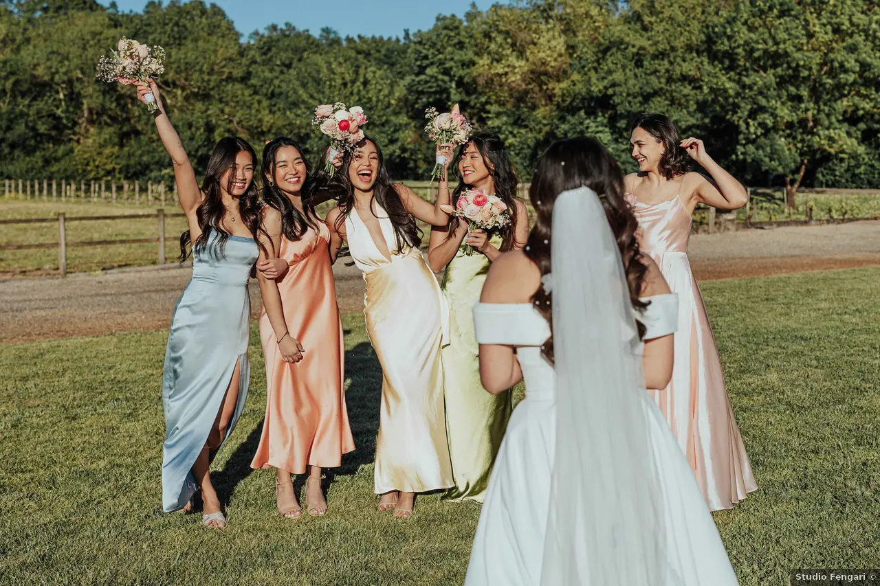 La mariée entourée de ses demoiselles d'honneur après la cérémonie laïque