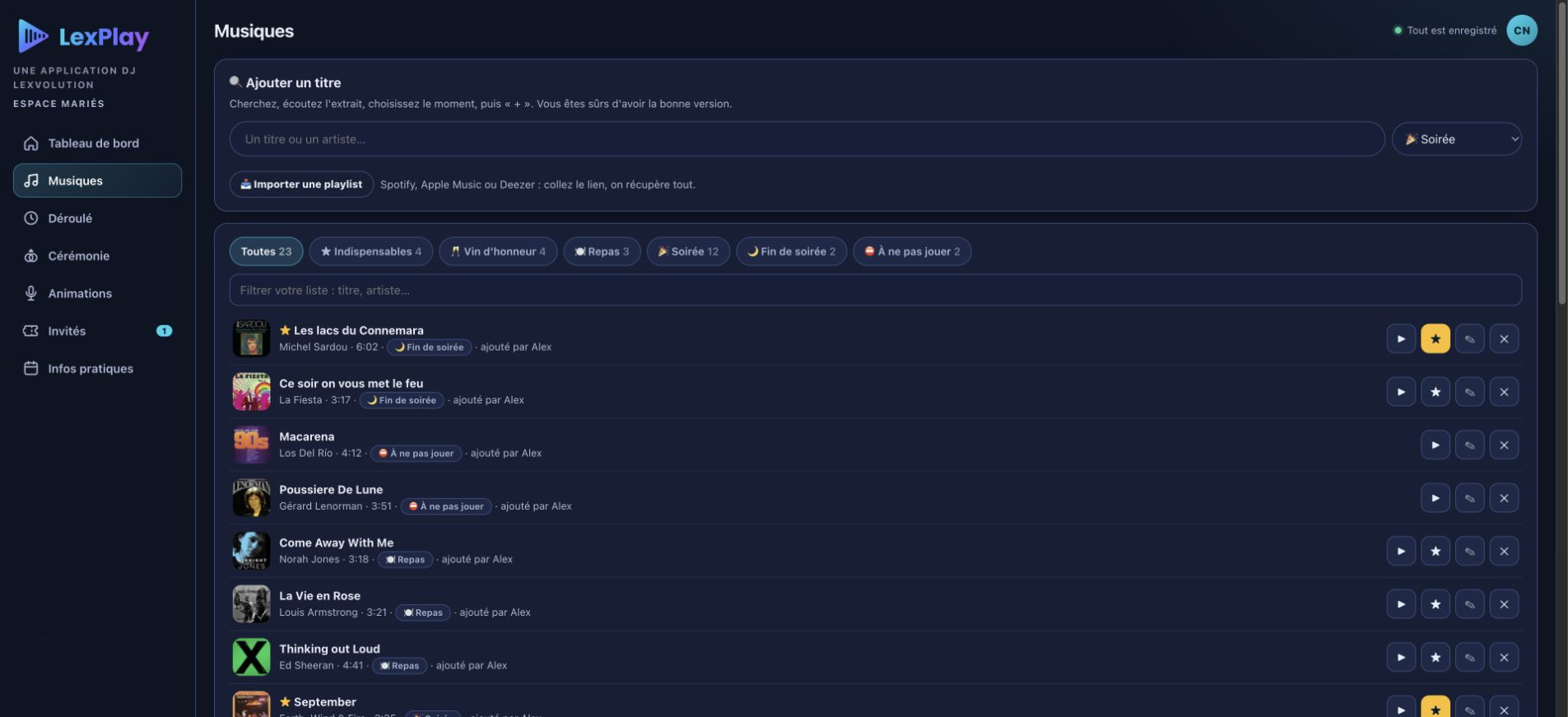 LexPlay : recherche de morceaux, classement par moment et sélection des incontournables.